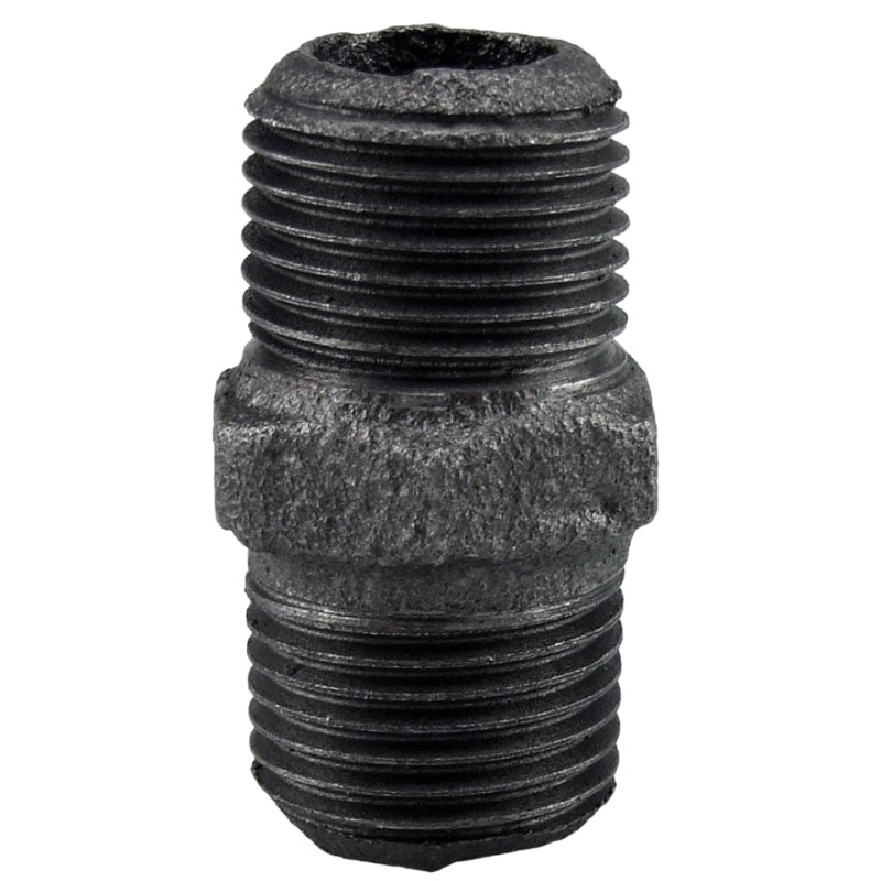 Black malleable cast iron threaded fitting with male nipple, right-hand/left-hand thread