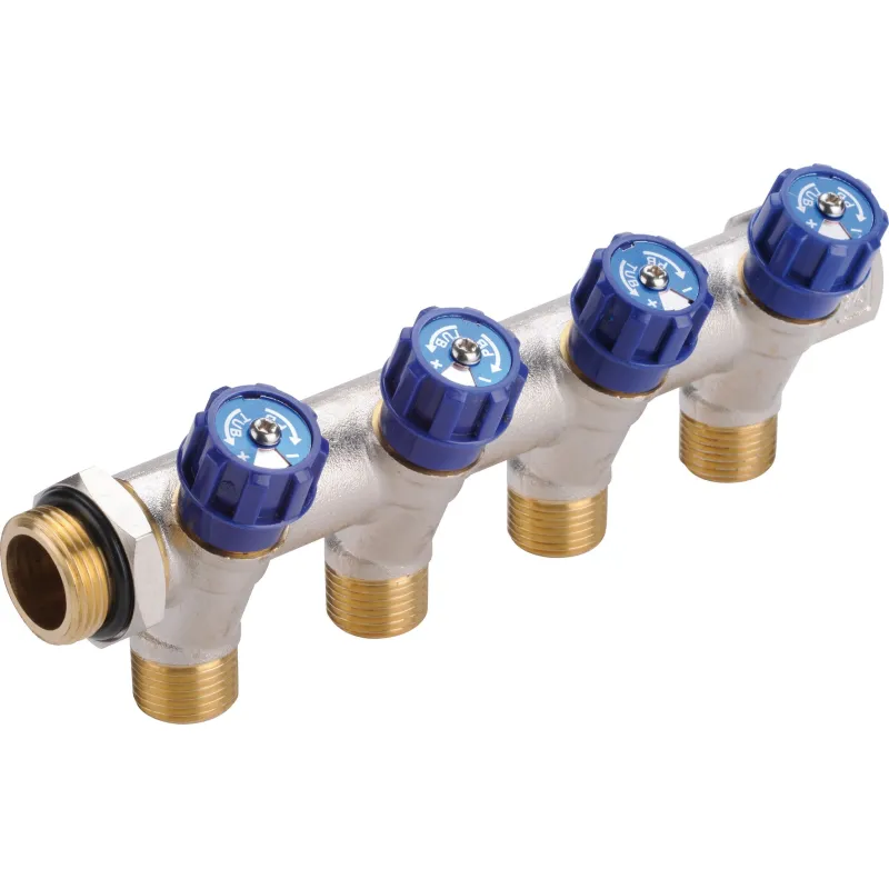 Collecteur sanitaire 3/4" à robinetterie intégrée déportée bleu