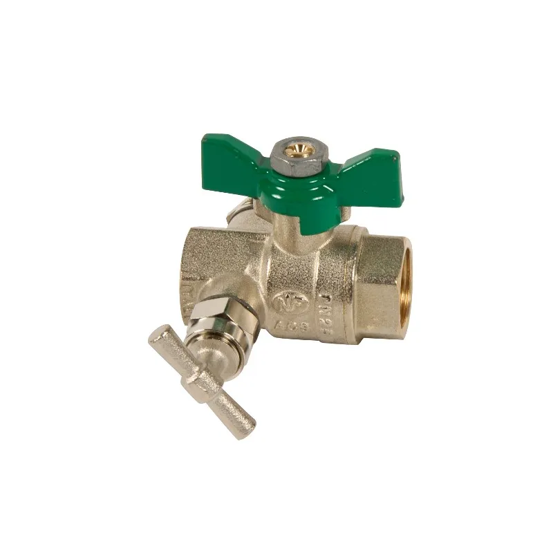 Vanne à sphère laiton femelle - femelle à purge titré CW617N  poigneé papillon verte