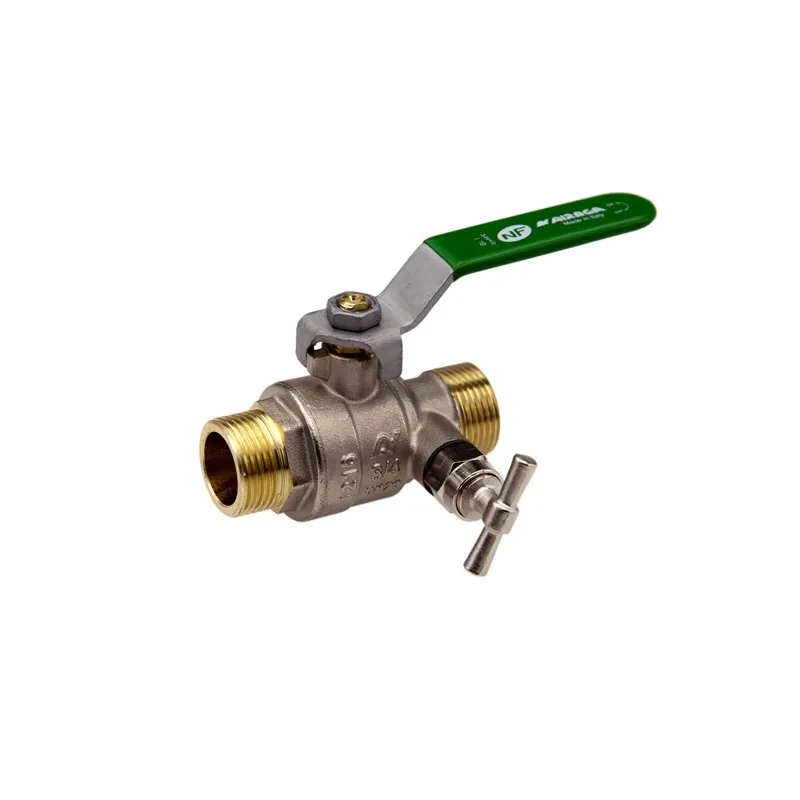 Vanne à sphère laiton mâle - mâle titré CW617N à purge poigneé plate verte