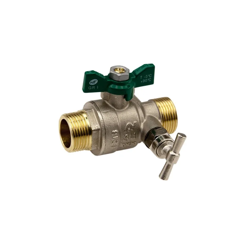 Vanne à sphère laiton mâle - mâle titré CW617N à purge poigneé papillon verte