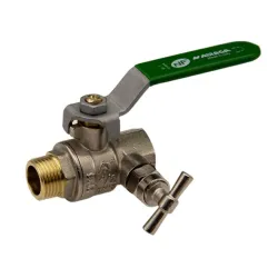 Vanne à sphère laiton mâle - femelle à purge titré CW617N poignée plate verte