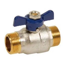 Vanne à sphère laiton titré CW617N mâle - mâle série bâtiment+ certifié ACS poignée papillon bleue