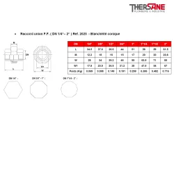 Raccord union F.F. ( DN 1/4“– 2“ ) Ref. 2025 - Etanchéité conique