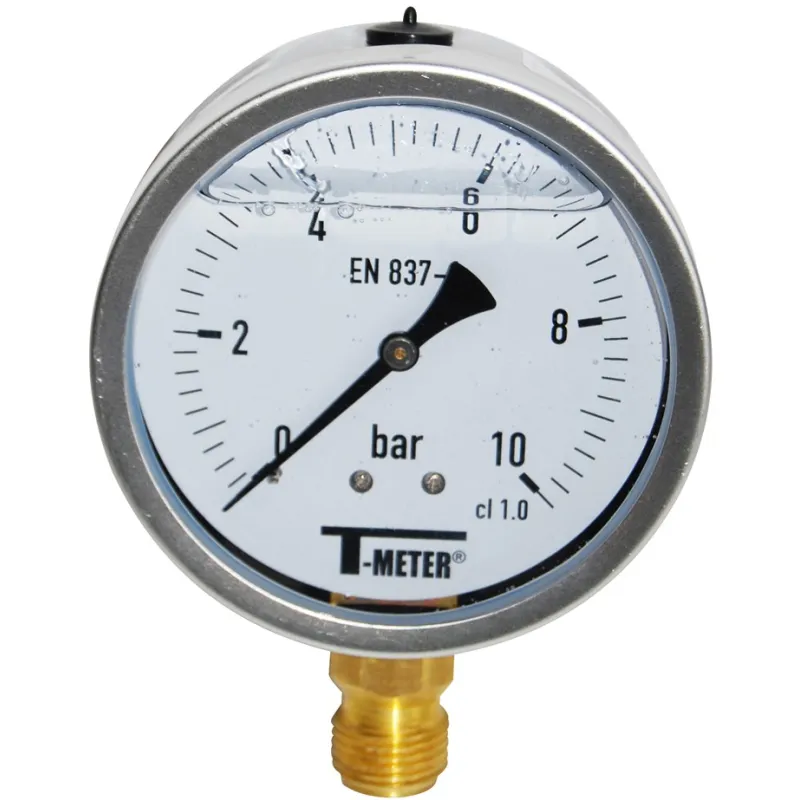 Manomètre radial 1/2'' à bain de glycérine boîtier inox Ø100 classe 1%