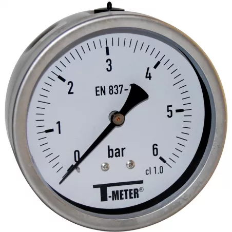 Manomètre axial 1/2'' à bain de glycérine boîtier inox Ø100 classe 1%