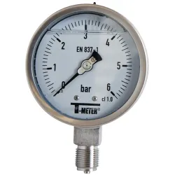Manomètre radial 1/2'' verre sécurit à bain de glycérine tout inox Ø100 classe 1%