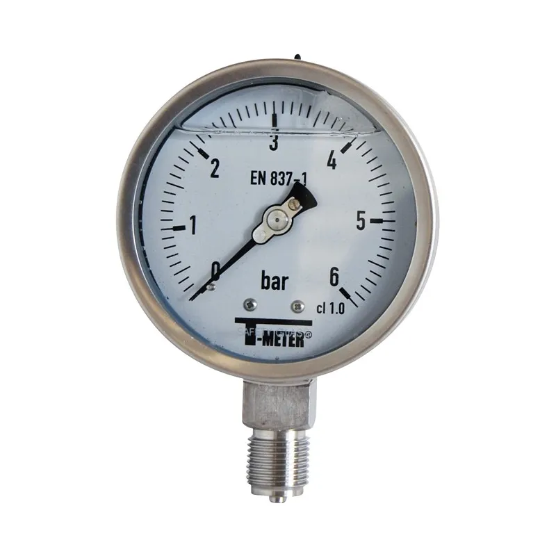 Manomètre radial 1/2'' verre sécurit à bain de glycérine tout inox Ø100 classe 1%
