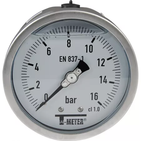 Manomètre axial 1/2'' verre sécurit à bain de glycérine tout inox Ø100 classe 1%