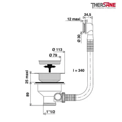 Dimensions Bonde panier inox 1 cuve avec trop plein plateau inox diamètre 113mm