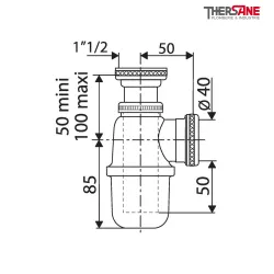 Dimensions Siphon évier à culot en laiton brut hauteur réglable