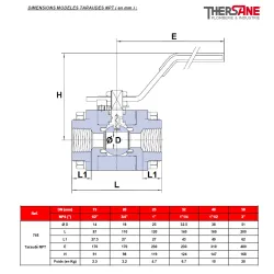 RBS 3 pièces acier forgé A305N LF2 class 1500 DIMENSIONS MODELES TARAUDES NPT ( en mm ) 746  