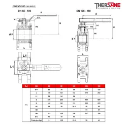 RBS modèle étroit à brides acier inox ASTM A351 CF8M PN 16 DIMENSIONS ( en mm )DN 65-100 et DN 125-150  771