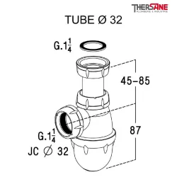 Dimension Siphon lavabo ou bidet à culot DN 32