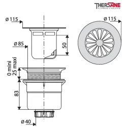 Dimension Bonde à grille orifice Ø90 verticale