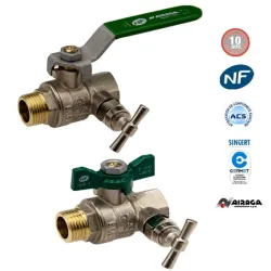 Male-female brass ball valve with drain, NF and ACS certified