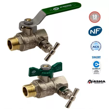 Male-female brass ball valve with drain, NF and ACS certified