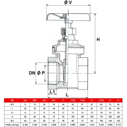 Dimensions Vanne à opercule PI monobloc bronze BSP (gaz) femelle – femelle