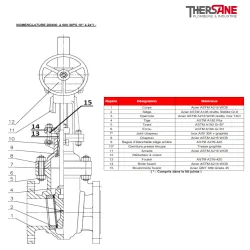 Nomenclature DN400 à 600 Vanne à opercule acier à brides class 150 PN20 chapeau boulonné
