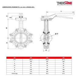dimension robinet dn200-300 vanne à papillon à oreilles taraudées gamme performance 