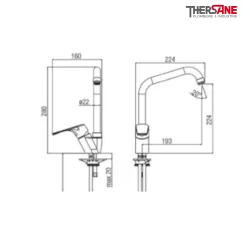 Dimensions  mitigeur chromé cuisine THEWA WPL10
