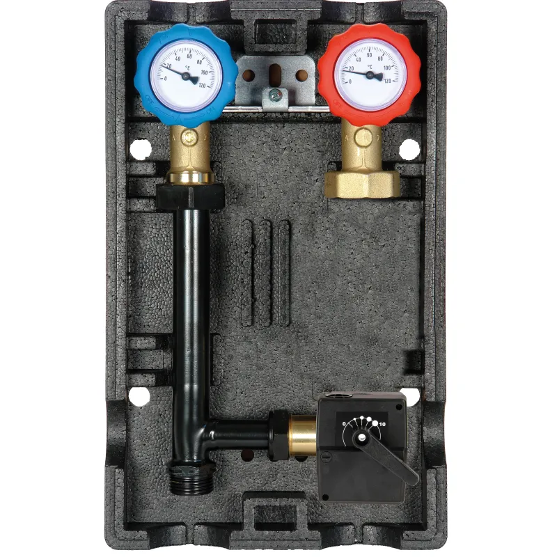 Groupe hydraulique mélangé avec vanne mélangeuse sans pompe. Prévu pour circulateur de chauffage entraxe 130 mm