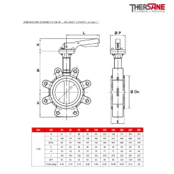 Dimensions Robinet papillon 1133 à poignée crantée manchette EPDM vulcanisé corps fonte papillon inox oreilles taraudées 