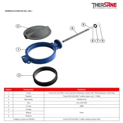 Nomenclature robinet papillon à poignée crantée manchette EPDM corps fonte papillon inox oreilles lisses de centrage