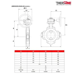 Dimension dn200-300 Robinet papillon LUG  XOMOX corps fonte revêtu PFA