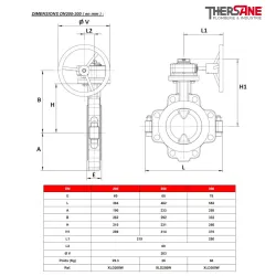 Dimensions dn200-300 Robinet papillon WAFER XOMOX corps fonte revêtu PFA