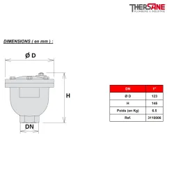 Dimensions Ventouse automatique simple fonction fonte CSA