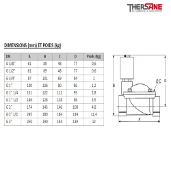 Dimensions et poids ESM 86 W - Electrovanne laiton à membrane assistée NF ACS