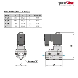 Dimensions et poids PU 225-H - Electrovanne laiton 25 bar à membrane assistée NF
